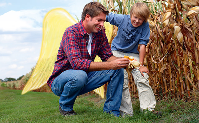 Ein Vater steht mit seinem Sohn an einem Maisfeld. Die beiden schauen sich einen Maiskolben an. Der Vater trägt Schutzengelflügel. 
