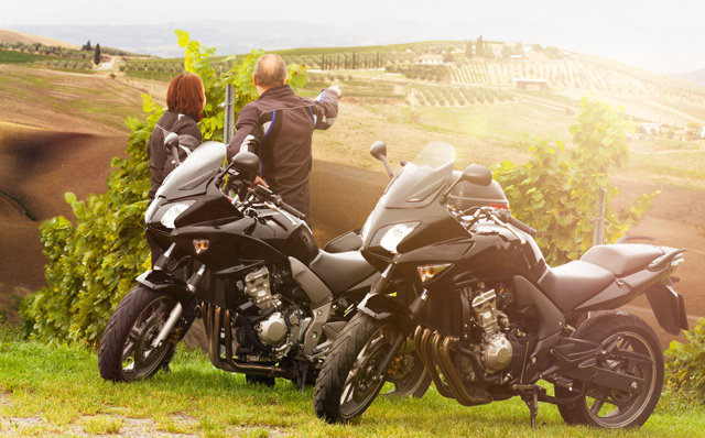 Motorradversicherung: Zwei Motorräder stehen auf einer Wiese. Die Motorradfahrer sehen sich die Landschaft an.